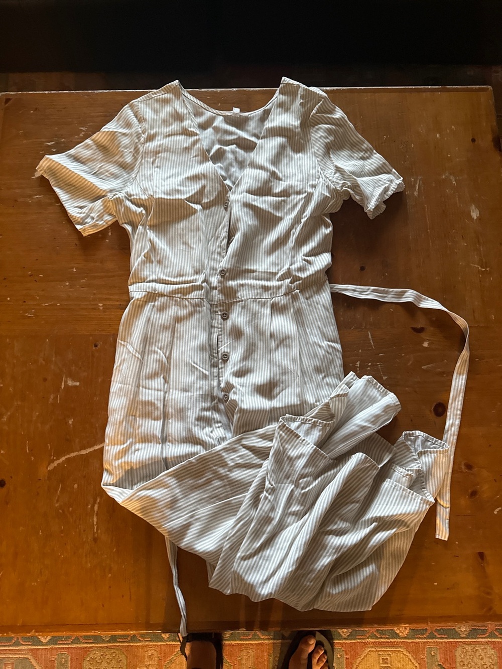 Striped Button-Front Short Sleeve Jumpsuit - Light Blue & White